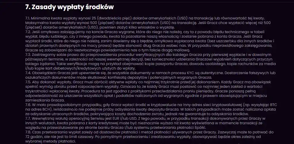 Panel wypłaty środków z iWild