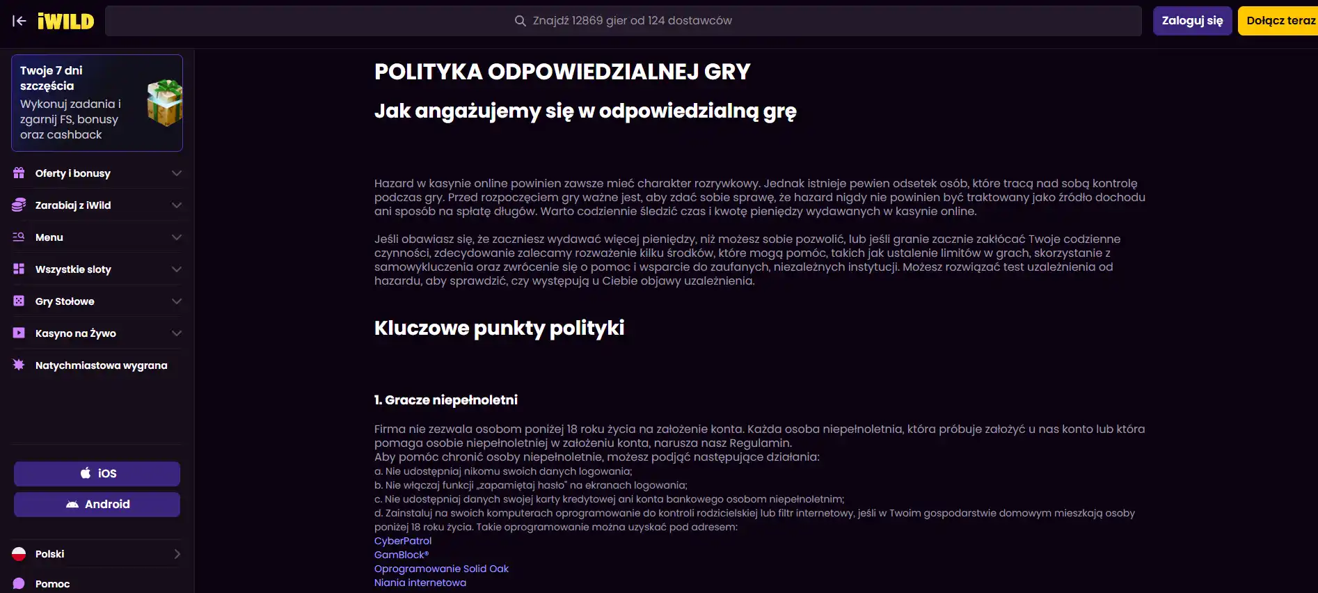 Ustawienia odpowiedzialnej gry i samowykluczenia w iWild